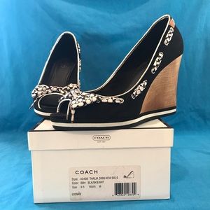Coach Thalia Black w/ Ribbon Bow Wedges 9.5